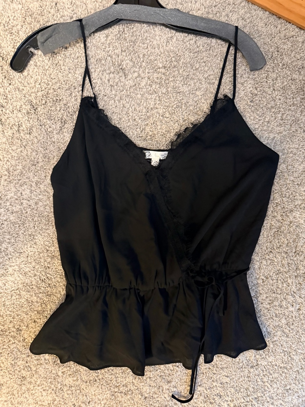 nine britton Black Lace-Trim Wrap Peplum Camisole
